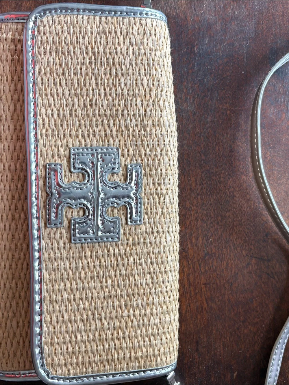 Tory Burch Natural Straw Crossbody with Silver Logo Trim